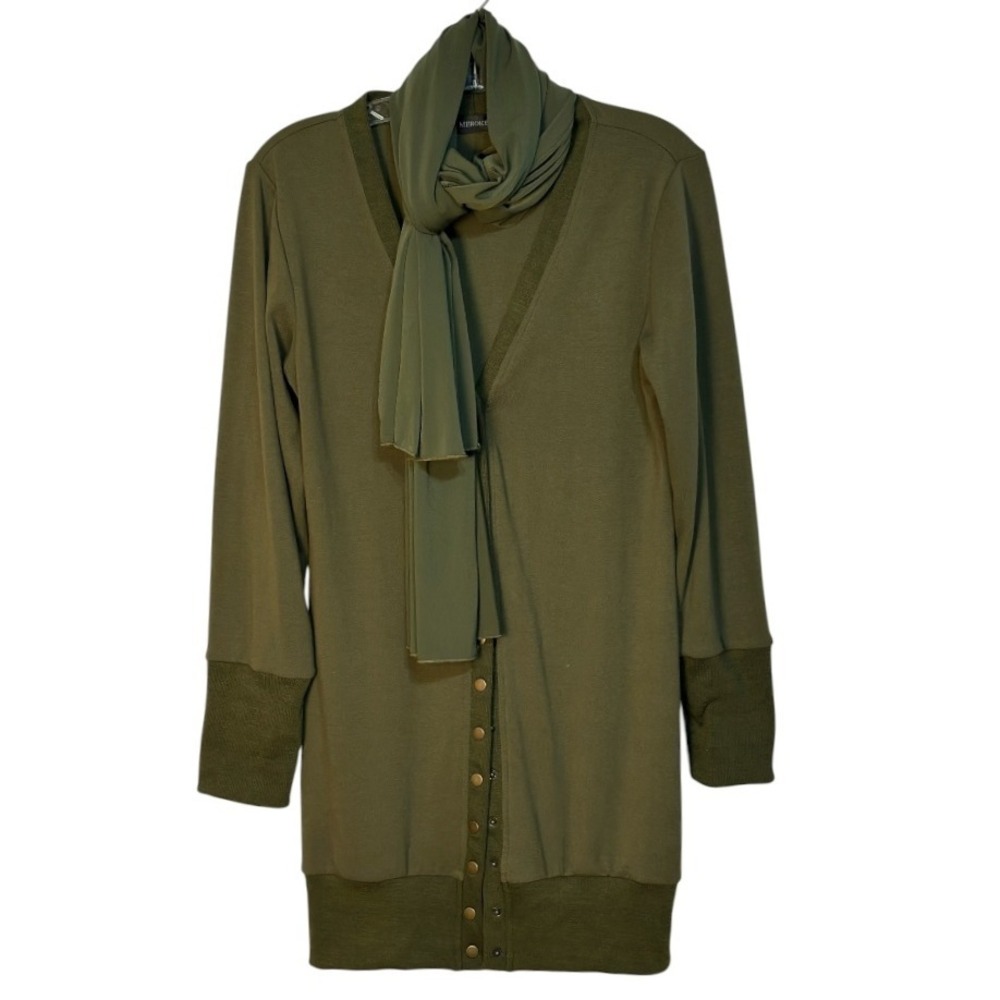 Merokeety‎ Olive Green Knit Cardigan Sweater Scarf Set Long Sleeve Button Down M